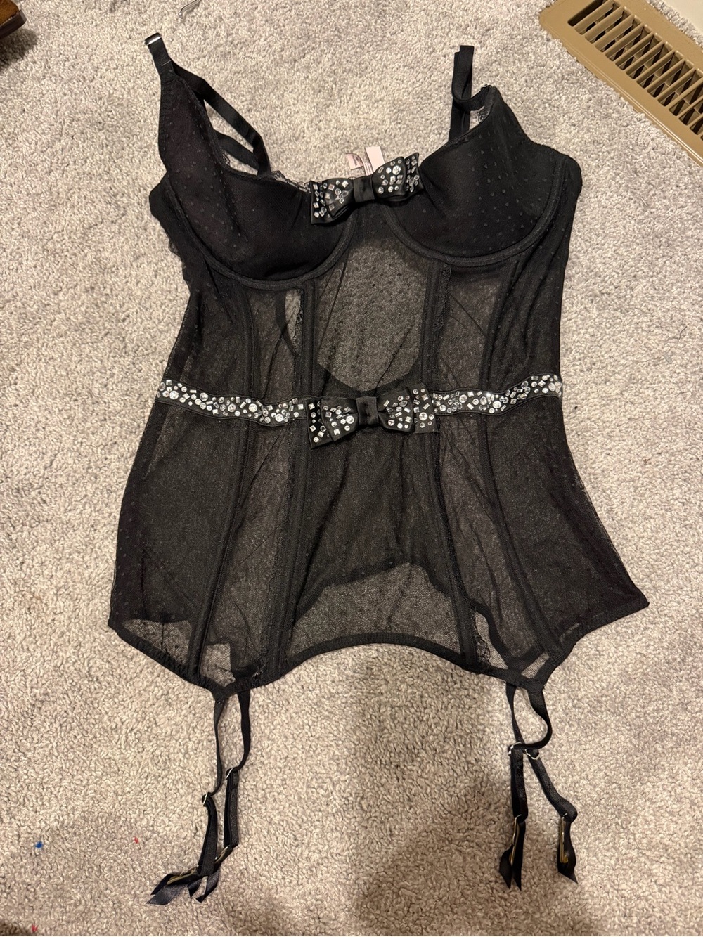 Victoria's Secret Black Sheer Bustier with Bow & Rhinestone Band